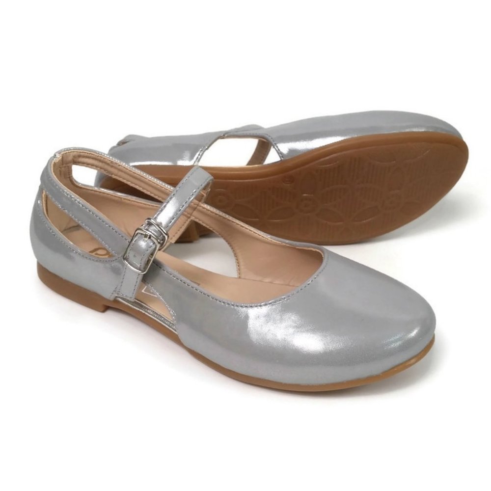 Perla Kids Youth Girls Cut-Out Flats, Silver Sandals Mary Jane Shoes With Buckle